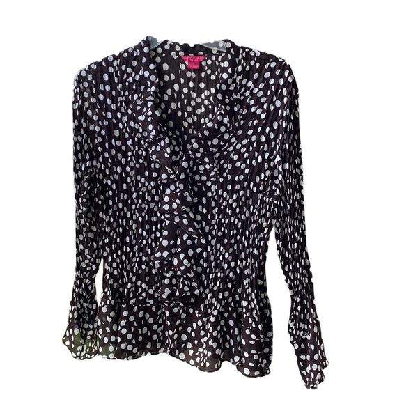 🤎⚪️ Sunny Leigh Macy’s Crinkly Ruffled Trim Button Blouse Brown/White Polka Dot - Picture 1 of 14